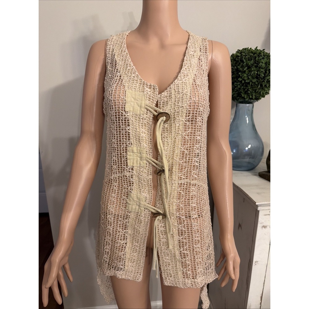 Kaktus Tunic Top Vest Womens Sz L Ivory Mesh Croquet Buttons Boho Festival